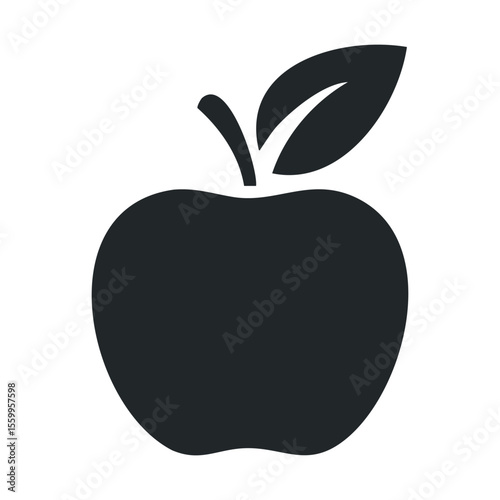 Black apple icon with leaf on white background.
