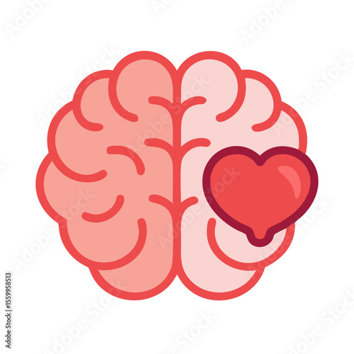Flat Line Art Brain with Heart Shaped Illustration Medical Concept Design