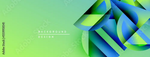 Abstract geometric shapes overlap, creating vibrant gradient effect. Green background complements blue, yellow hues. Modern design element.
