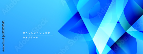 Abstract blue background design features overlapping geometric shapes, gradients, modern aesthetic. Smooth transitions create dynamic visual effect.