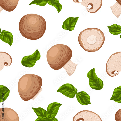 Raw mushroom slices and green basil leaves seamless pattern. Cartoon hand drawn vector flat illustration of chopped champignons isolated on white background. Print for textile, fabric, kitchen decor