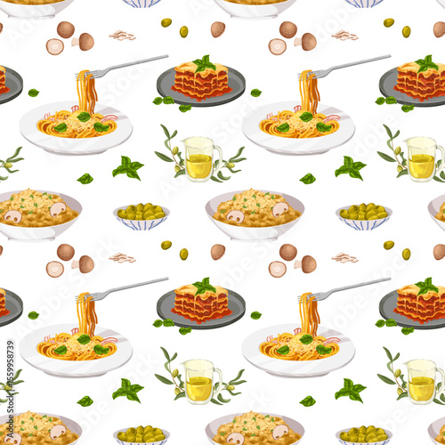Italian food seamless pattern. Hand drawn vector pasta, lasagna, risotto, olive oil, Italy fresh ingredients for restaurant and cafe menu, packaging, textile, print isolated on white background
