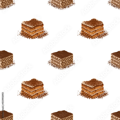Tiramisu slices seamless vector pattern. Classic dessert hand drawing for bakery visuals, restaurant menus, textile prints, gourmet product packaging and wrapping paper designs