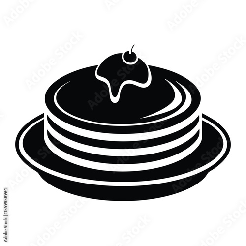 Delicious chocolate birthday cake illustration with cherry and cream on a white plate