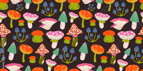 Seamless pattern with different mushrooms in retro hippie cartoon style. Abstract psychedelic forest mushrooms background for textile, fabric, print, wrapping paper. Vector illustration