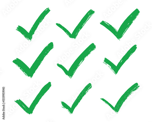 Painted Green Check Mark Collection - Hand-Crafted Tick Symbols in Rough Brush Stroke Style for Validation and Confirmation