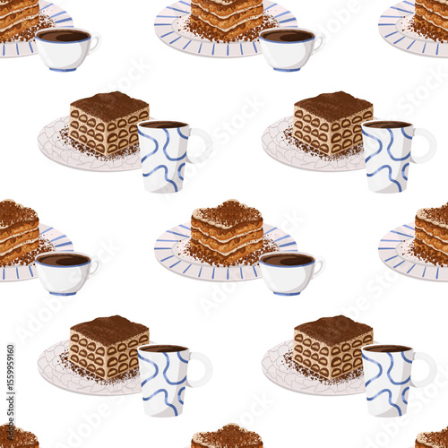 Tiramisu slice and espresso seamless vector pattern. Cartoon sweet food illustration for cafe menus, Italian bakery visuals, paper packaging, wrapping design, fabric and textile