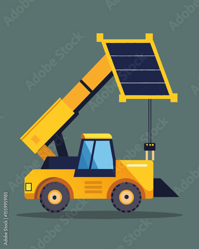 A multifunctional telehandler with solar panels on its frame effectively lifting moving and placing materials in the construction process.. Vector illustration
