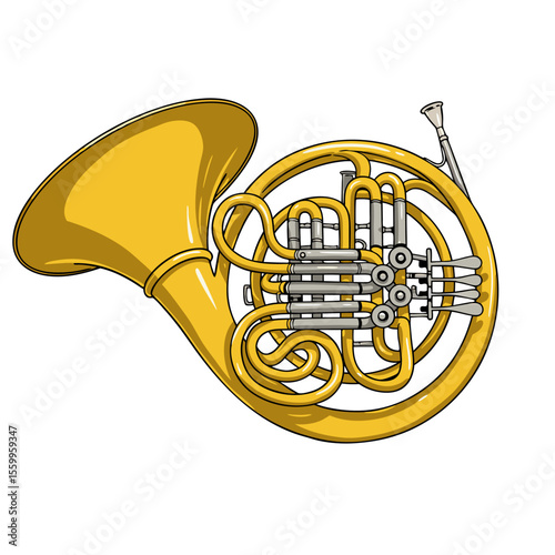 Depiction of a classic gold French horn, an iconic brass instrument with a detailed, ornate design on a clean background.