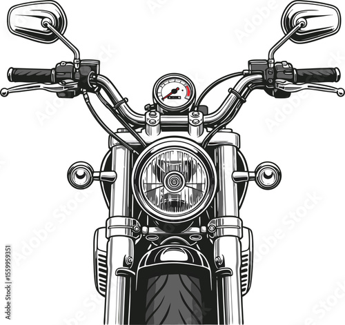 Detailed motorcycle front view showcases its headlight, speedometer, handlebar and mirrors on a white background.