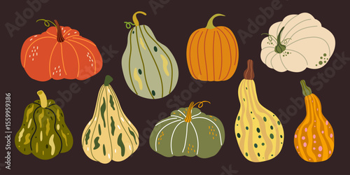Autumn hand drawn pumpkins collection in cartoon groovy funky style. Fall ripe vegetables of various shapes and colors. Harvest time. Vector flat seasonal graphic elements