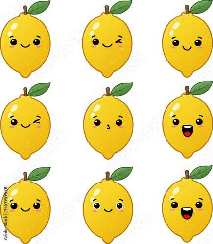 Cheerful lemons show various emotions, making a vibrant and delightful display of freshness and zest with their cute expressions.