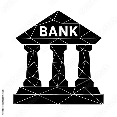 An architectural illustration of a financial institution, represented with sharp lines and geometric patterns. It suggests a modern take on banking or finance.