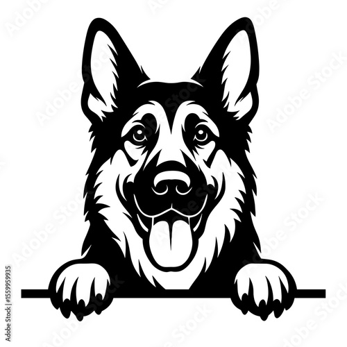 A distinguished German shepherd dog peers over a stylized border, exuding a friendly demeanor and playful curiosity, perfectly capturing canine loyalty.