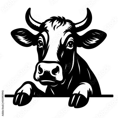 A charming, monochrome illustration depicts a curious cow peering over a ledge, exuding a playful demeanor and a sense of farm life.