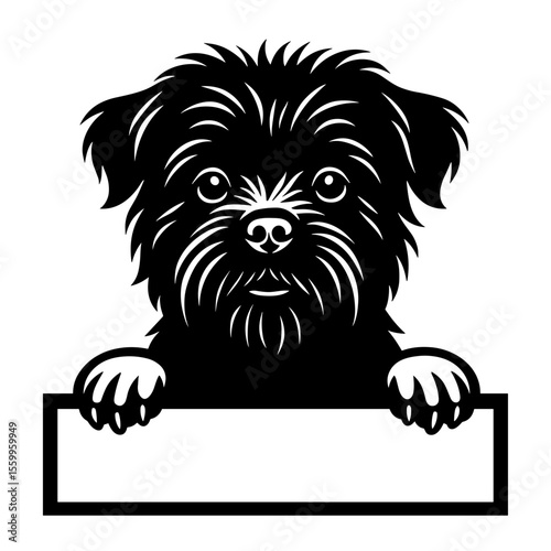 An adorable dog illustration peering over a blank sign. This charming artwork portrays a dog with a playful and inviting expression, paws resting on a signboard.