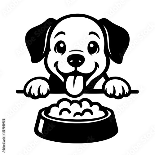 A cheerful puppy with a wagging tongue eagerly anticipates a meal, resting its paws on the bowl. capturing the joyful and loving spirit of domestic animal. vector illustration