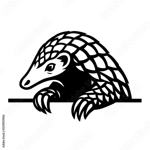 A striking black and white depiction of a pangolin, its unique scales and expressive gaze captivate the viewer. This illustration is a testament to the beauty and intricacy of nature's design.