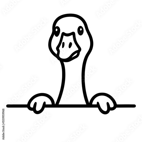 A whimsical illustration of a goose peeking over a surface. The artwork captures the charming character. The composition is both simple and inviting.
