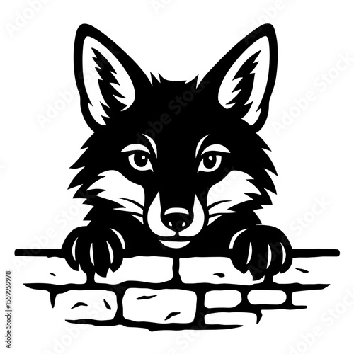 A curious fox peeks over a sturdy brick wall, a playful composition exuding both mystery and charm. vector illustration