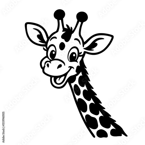 A charming illustration captures a close-up view of a happy giraffe's head and neck, designed with bold black outlines against a pristine background, a touch of whimsy and joyful simplicity.