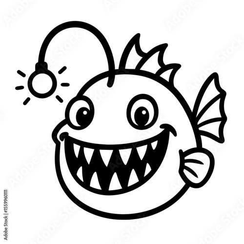 A quirky cartoon illustration of an anglerfish, with its distinctive glowing lure, open mouth, and sharp teeth, is designed to captivate audiences with its unique design.