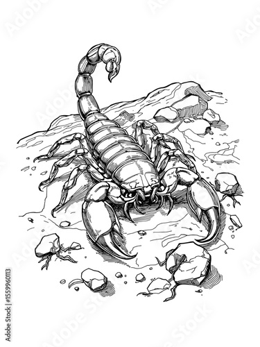 A detailed black and white illustration of a formidable scorpion on a rocky surface, the creature's segmented body and menacing pincers on display. vector illustration