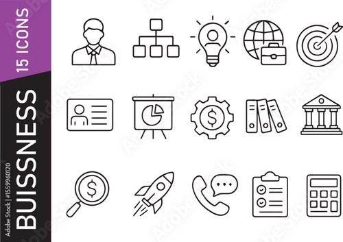 15 Business Line Icons — Modern Thin Outline Corporate Symbols for Web, Mobile, and Presentation