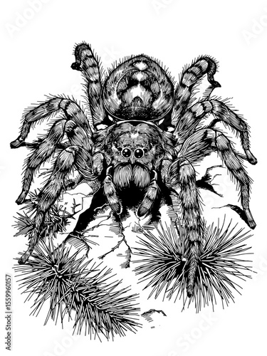 A large hairy spider illustration with eight legs and many eyes sits on a rock surrounded by spiky plants. 