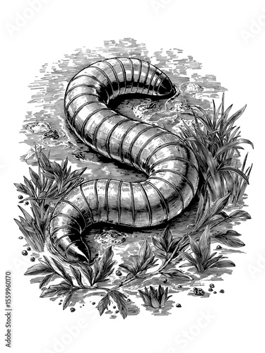 A detailed illustration of a segmented worm, showcasing its textured body and segmented structure, nestled amongst blades of grass.