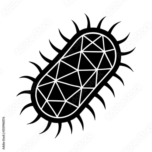 A striking monochrome illustration of a bacterial cell, featuring intricate geometric patterns, sharp spikes, and a clear black and white contrast.