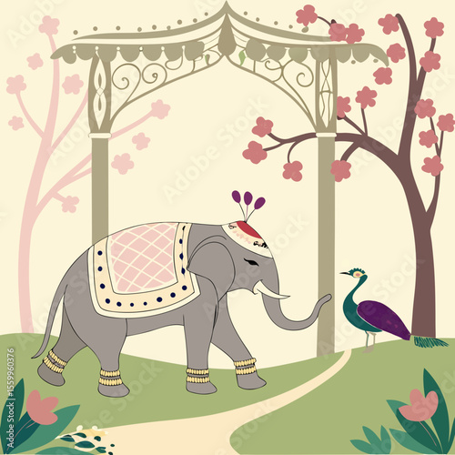 an elephant and a peacock under a canopy