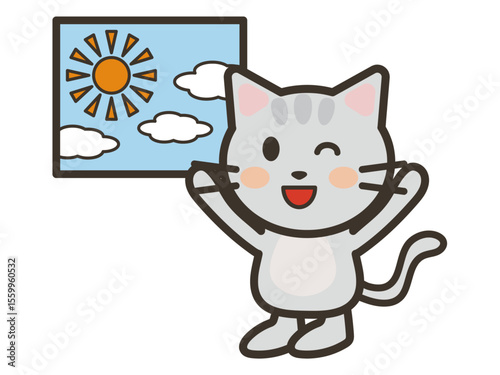 天気が良くて喜ぶかわいい猫ちゃんのイラスト