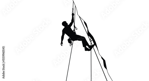 A Silhouette Climber Ascending a Steep Cliff Face Towards the Summit of Mountain
