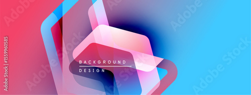 Abstract geometric shapes blend vibrant colors. Gradient transitions create modern background design. Smooth curves, dynamic composition.