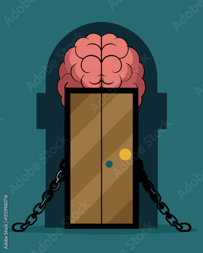 A brain shrouded in chains and locked behind a heavy steel door representing the weight of mental constraints.. Vector illustration