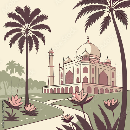 
a building with a dome and a tower and palm trees