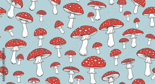 A Vibrant Collection of Woodland Fungi Mushroom Caps on a Blue Background Display