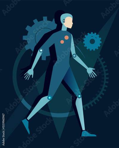 A persons body moves with mechanical precision under the guidance of a dark shadow their thoughts and actions no longer their own.. Vector illustration