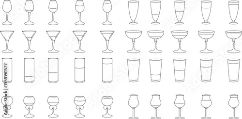 Set of drink icons featuring wine glass silhouette cocktail beer champagne martini cup vector design for bar party beverage collection