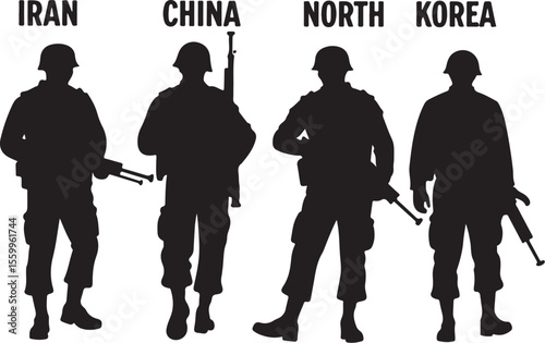 Rising Powers: Silhouettes of Soldiers from Iran, China, Russia, Korea