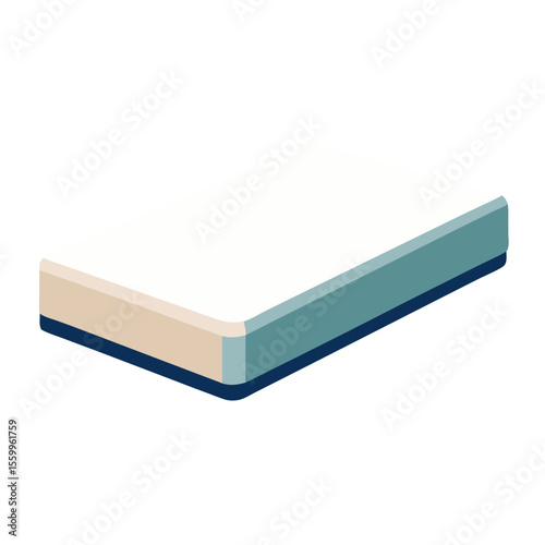 a white mattress with layered foam construction, featuring beige and teal colored layers, displayed in an isometric perspective
