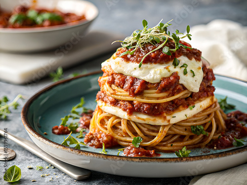 Delicious spaghetti dish with tomato sauce, creamy topping and fresh herbs. Tasty food background