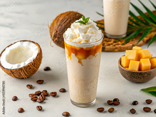 Tasty Tropical coconut milk coffee with whipped cream and fruit. Delicious food background