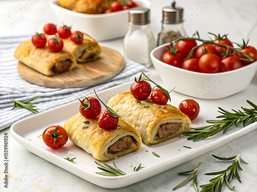 Delicious sausage rolls with cherry tomatoes and rosemary. Tasty food background