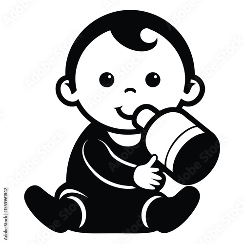 Cute cartoon baby girl and teddy bear enjoying a bottle, a fun illustration of childhood