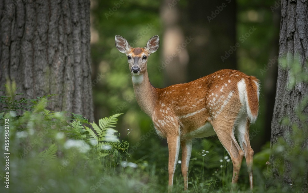 Fototapeta premium Alert fawn stands amidst ferns and trees in a lush green forest setting