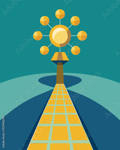 A mosaic walkway made from small circular solar panels paving the way to a central sculpture that glows in the sunlight.. Vector illustration