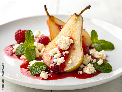 Tasty Pears with raspberry sauce, crumbled cheese and mint leaves. Delicious Food Background