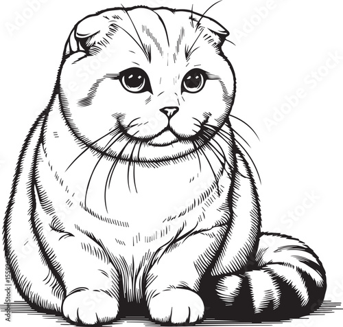 Scottish Fold Cat Vector in black and white
